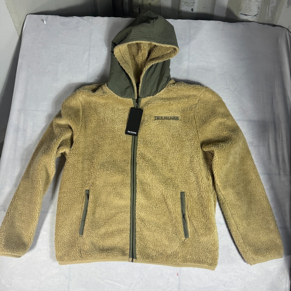 NWT True Religion Mens‎ Contrast Sherpa Hooded Jacket Beige Soft Cozy Winter L